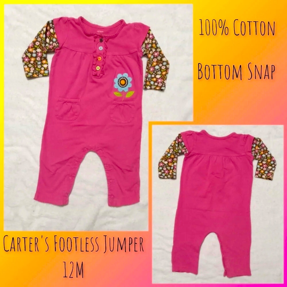 5 for $10 Carter's Pink & Brown Footless Bottom Snap Bodysuit Jumper size 12M - Picture 1 of 4